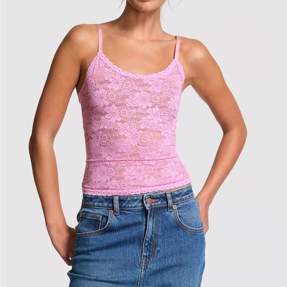 VS PINK Pretty Perfect Tank Top Moonstone Pink Lace